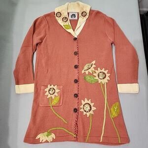 Storybook Knits M Sunflower Long Sweater Cardigan Pumpkin Orange Sequins Beads